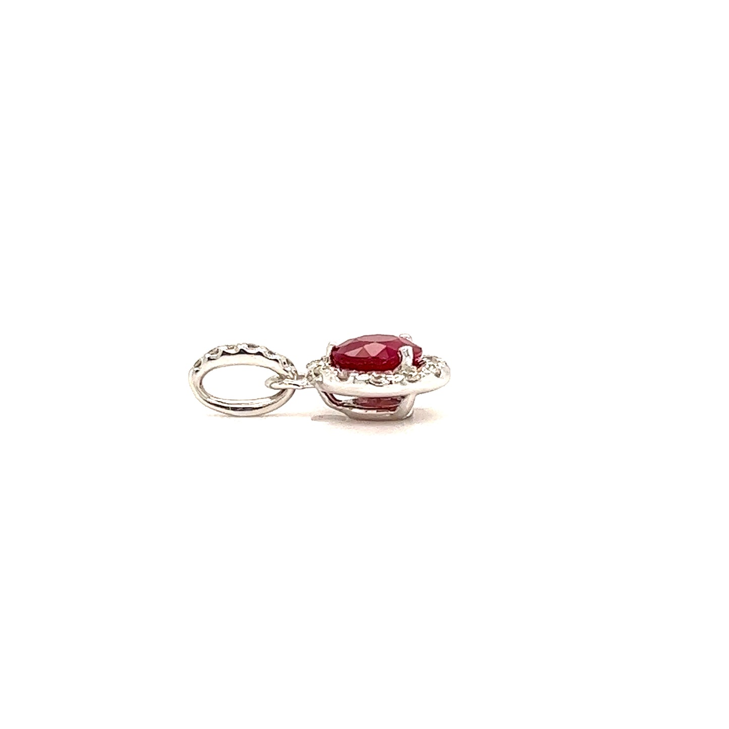 Round Ruby Pendant with Diamond Halo in 14K White Gold Side View