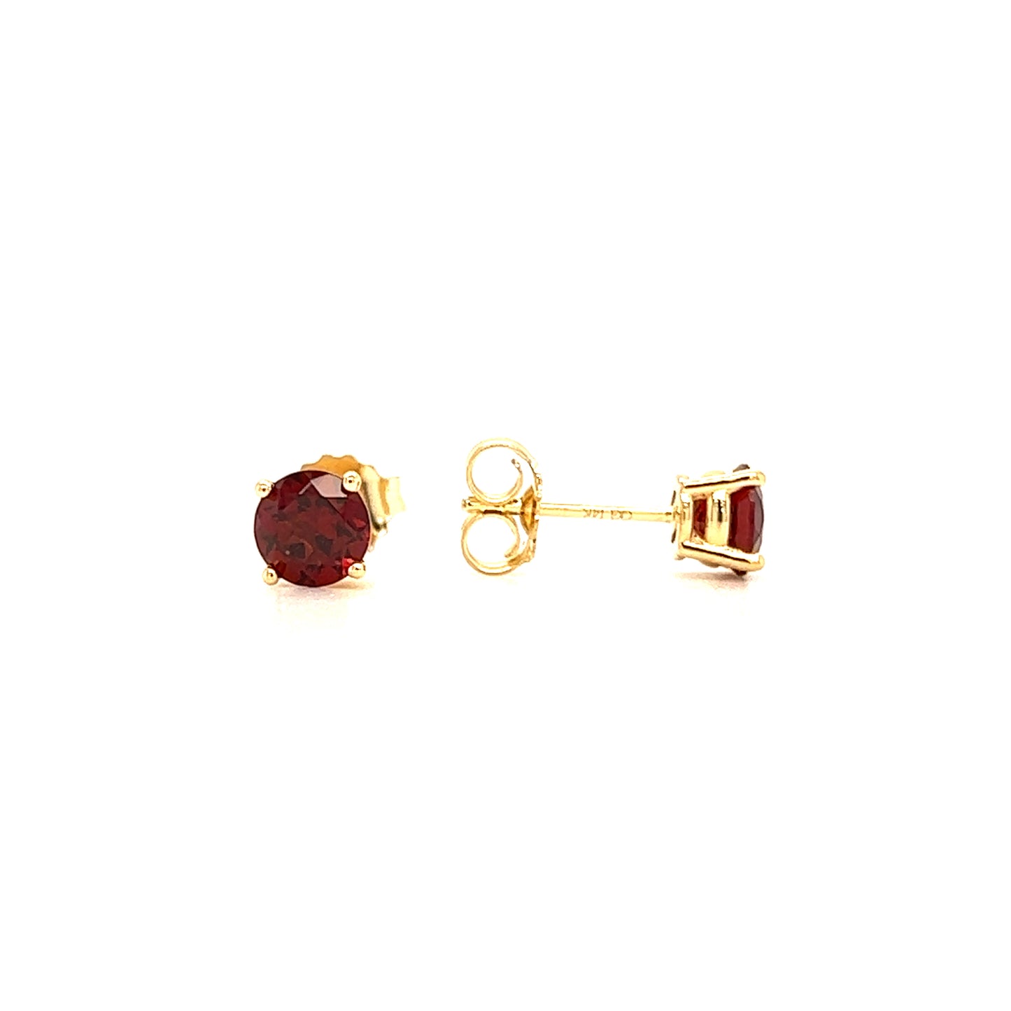 Round Garnet 5mm Stud Earrings in 14K Yellow Gold Front and Side View