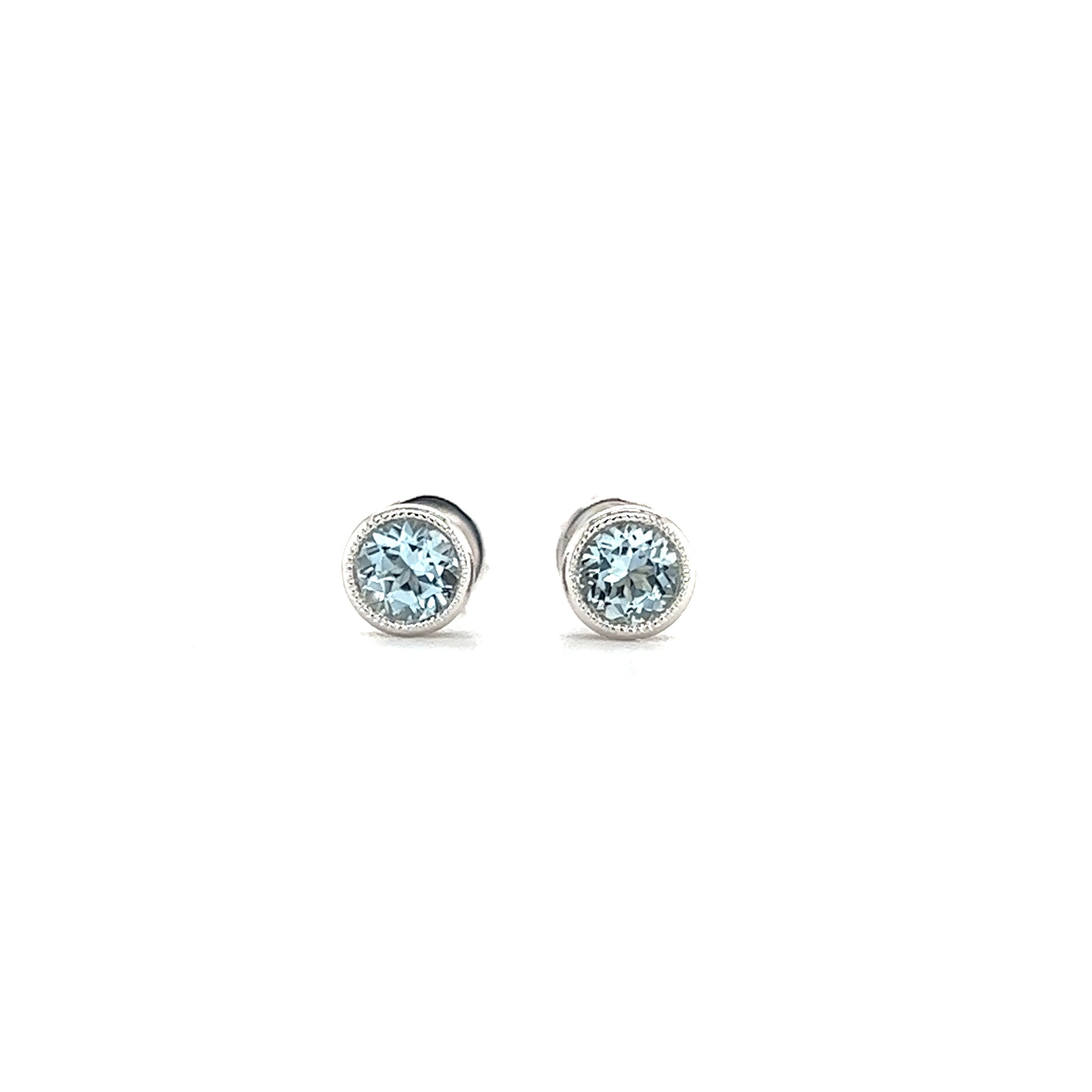 Round Aquamarine Stud Earrings with Filigree and Milgrain in 14K White Gold Front View
