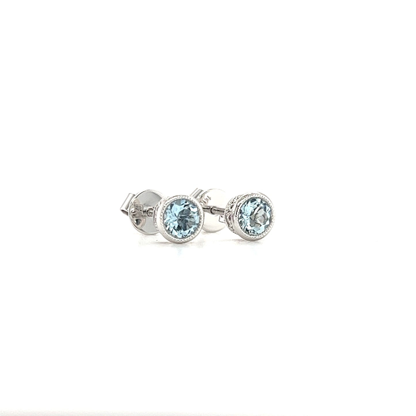 Round Aquamarine Stud Earrings with Filigree and Milgrain in 14K White Gold Left Side View