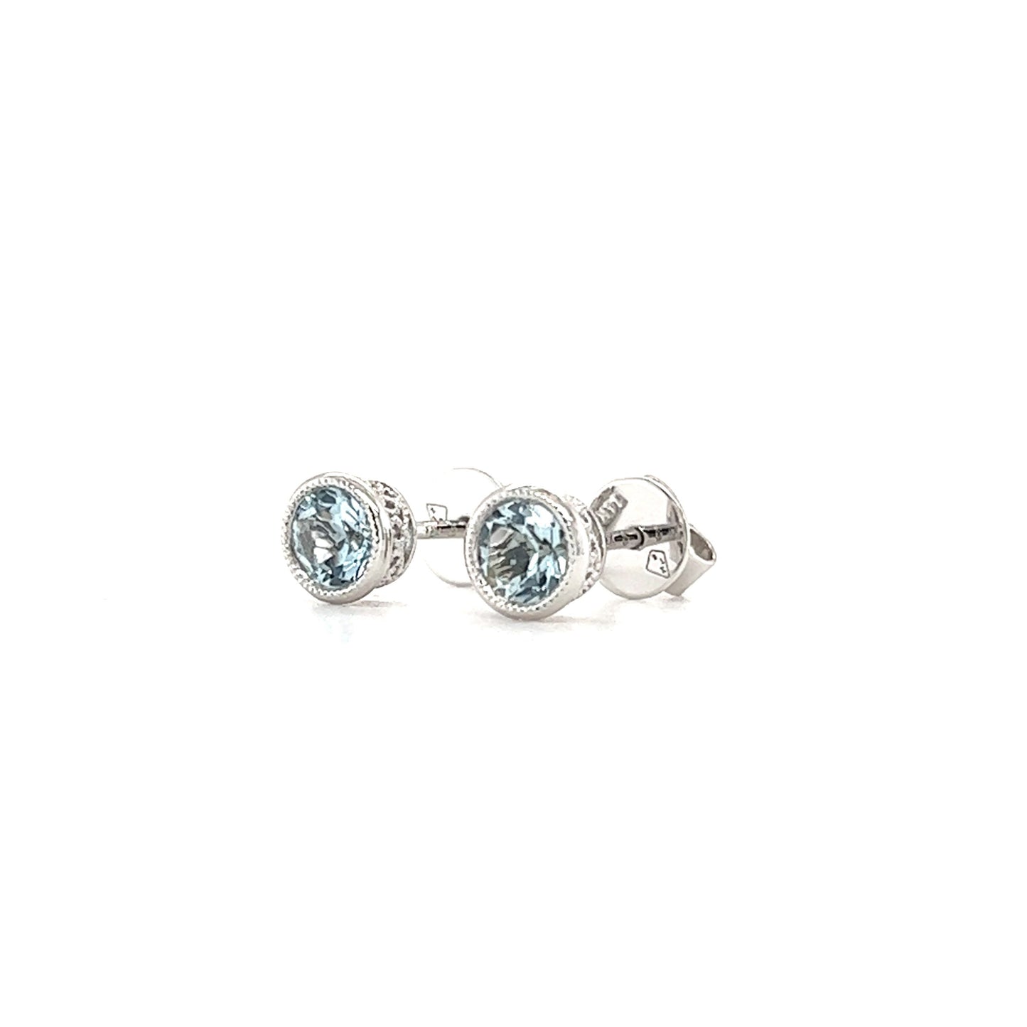Round Aquamarine Stud Earrings with Filigree and Milgrain in 14K White Gold Right Side View