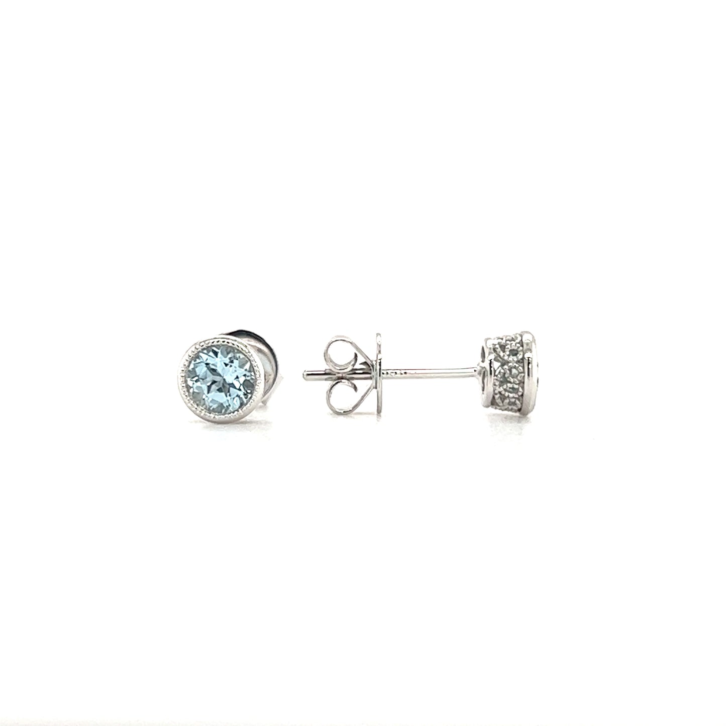 Round Aquamarine Stud Earrings with Filigree and Milgrain in 14K White Gold Front and Side View