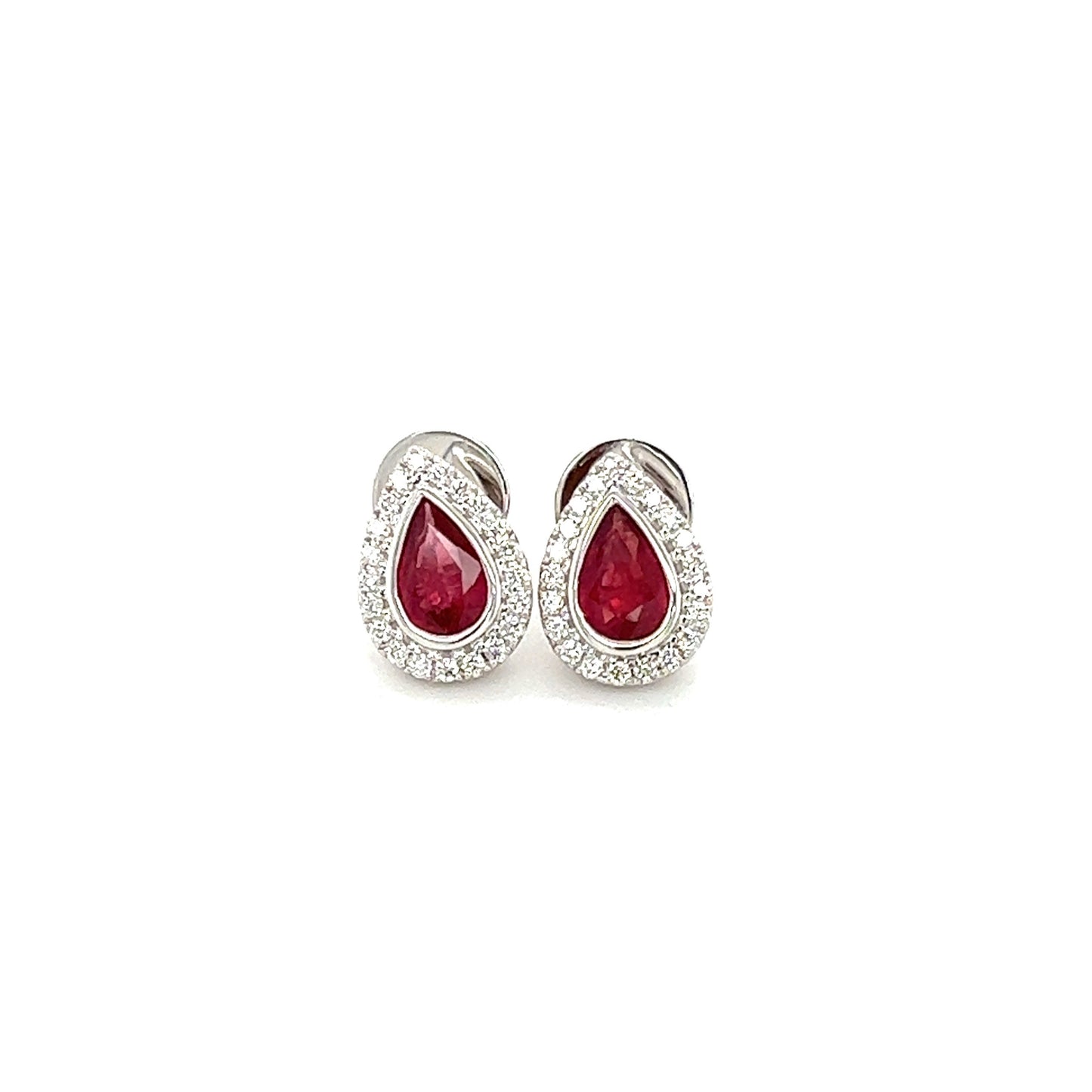 Pear Ruby Stud Earrings with Diamond Halo in 18K White Gold Front View