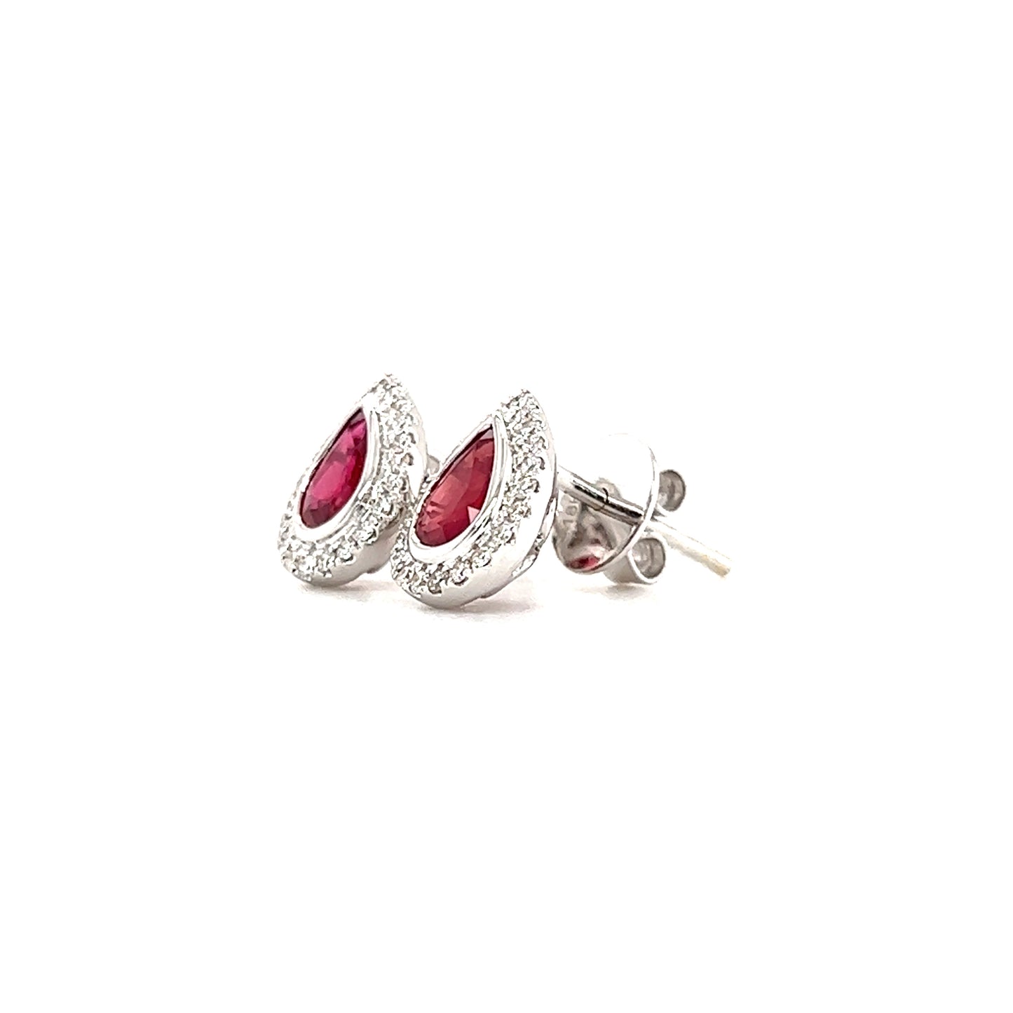 Pear Ruby Stud Earrings with Diamond Halo in 18K White Gold Right Side View