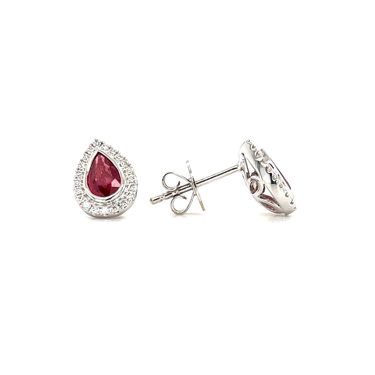 Pear Ruby Stud Earrings with Diamond Halo in 18K White Gold Front and Side View