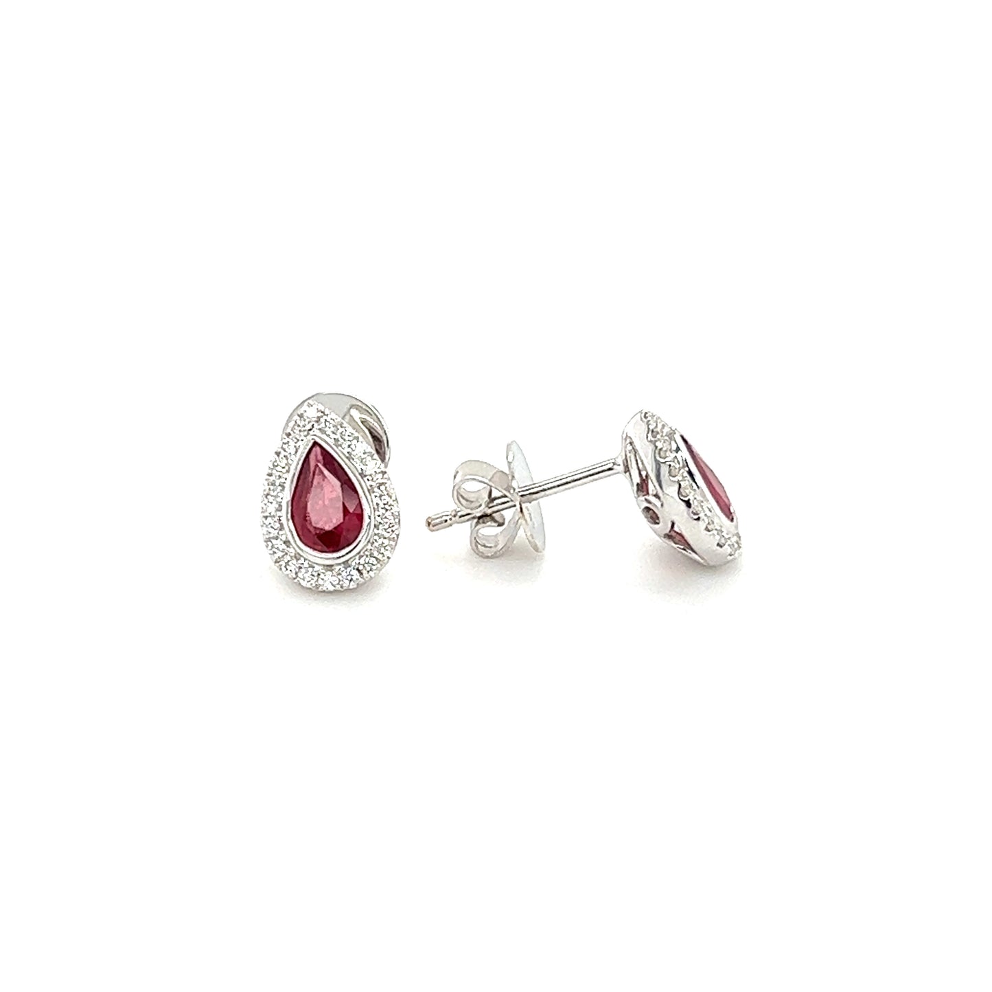 Pear Ruby Stud Earrings with Diamond Halo in 18K White Gold