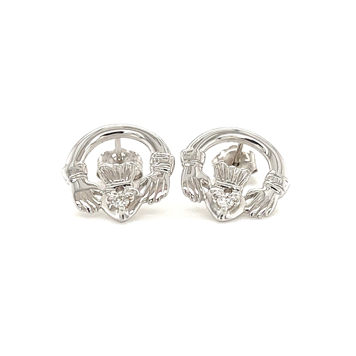 Claddagh Stud Earrings with Round Diamonds in 14K White Gold Front View