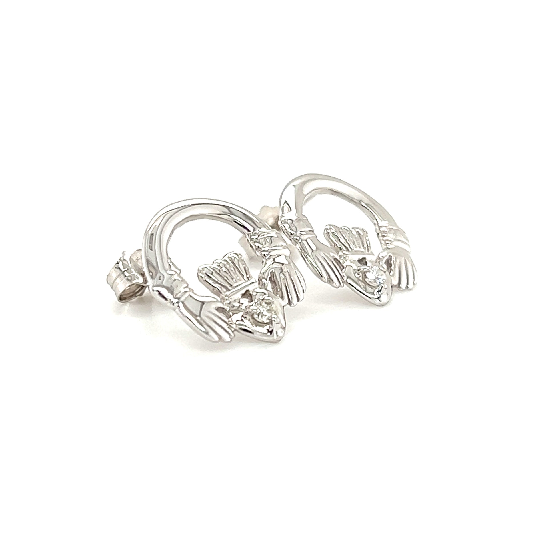 Claddagh Stud Earrings with Round Diamonds in 14K White Gold Left Side View
