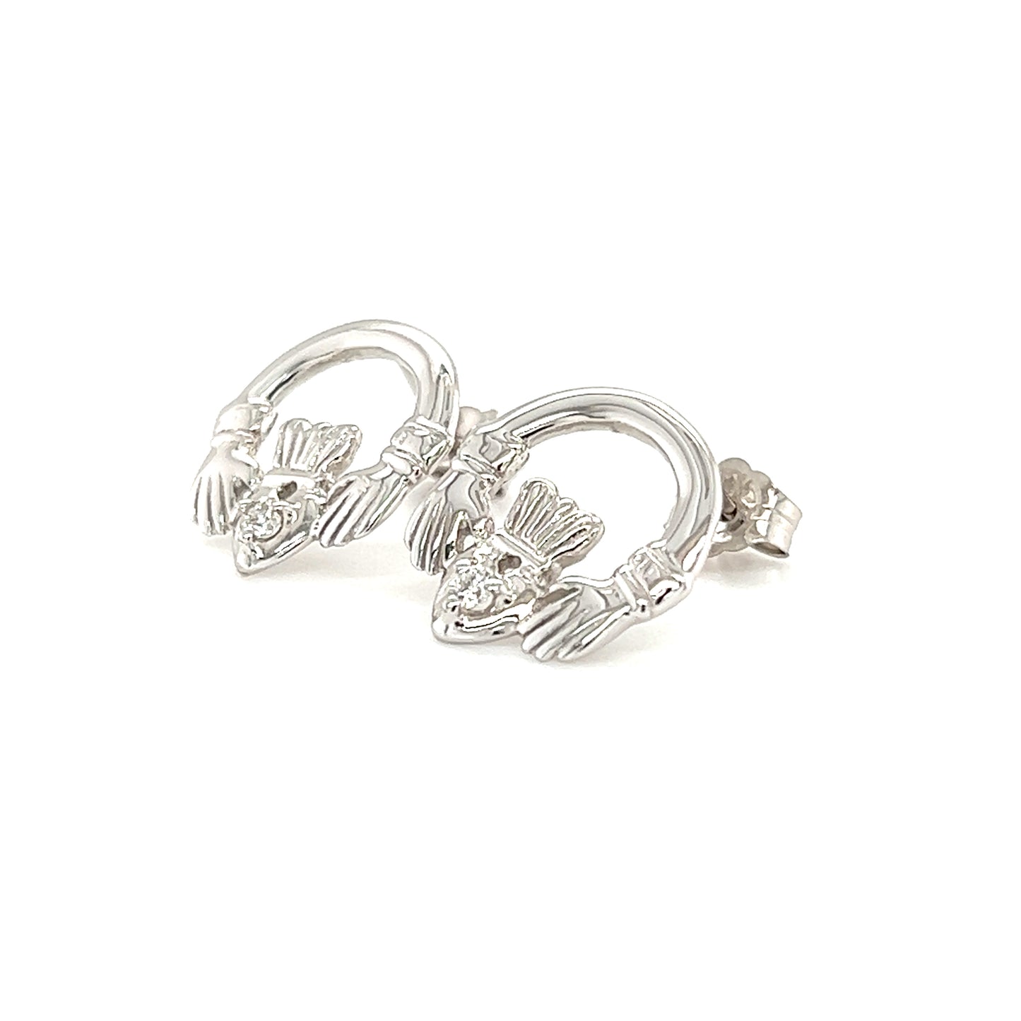 Claddagh Stud Earrings with Round Diamonds in 14K White Gold Right Side View