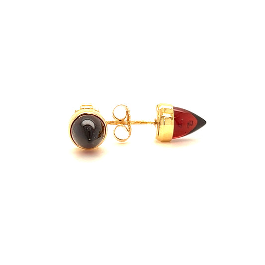 Acorn Garnet Stud Earrings in 14K Yellow Gold Front and Side View