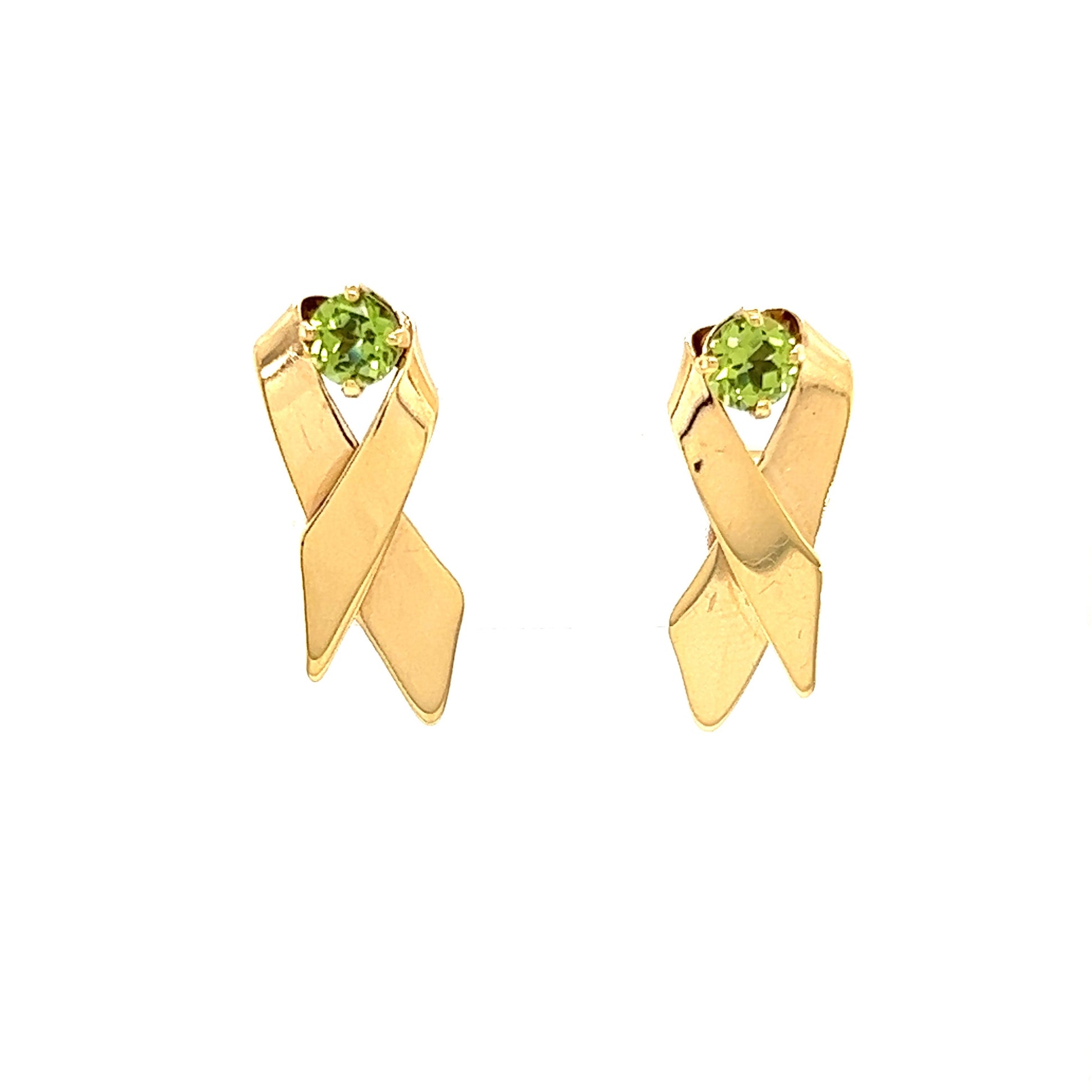 Ribbon Peridot Stud Earrings in 14K Yellow Gold Front View