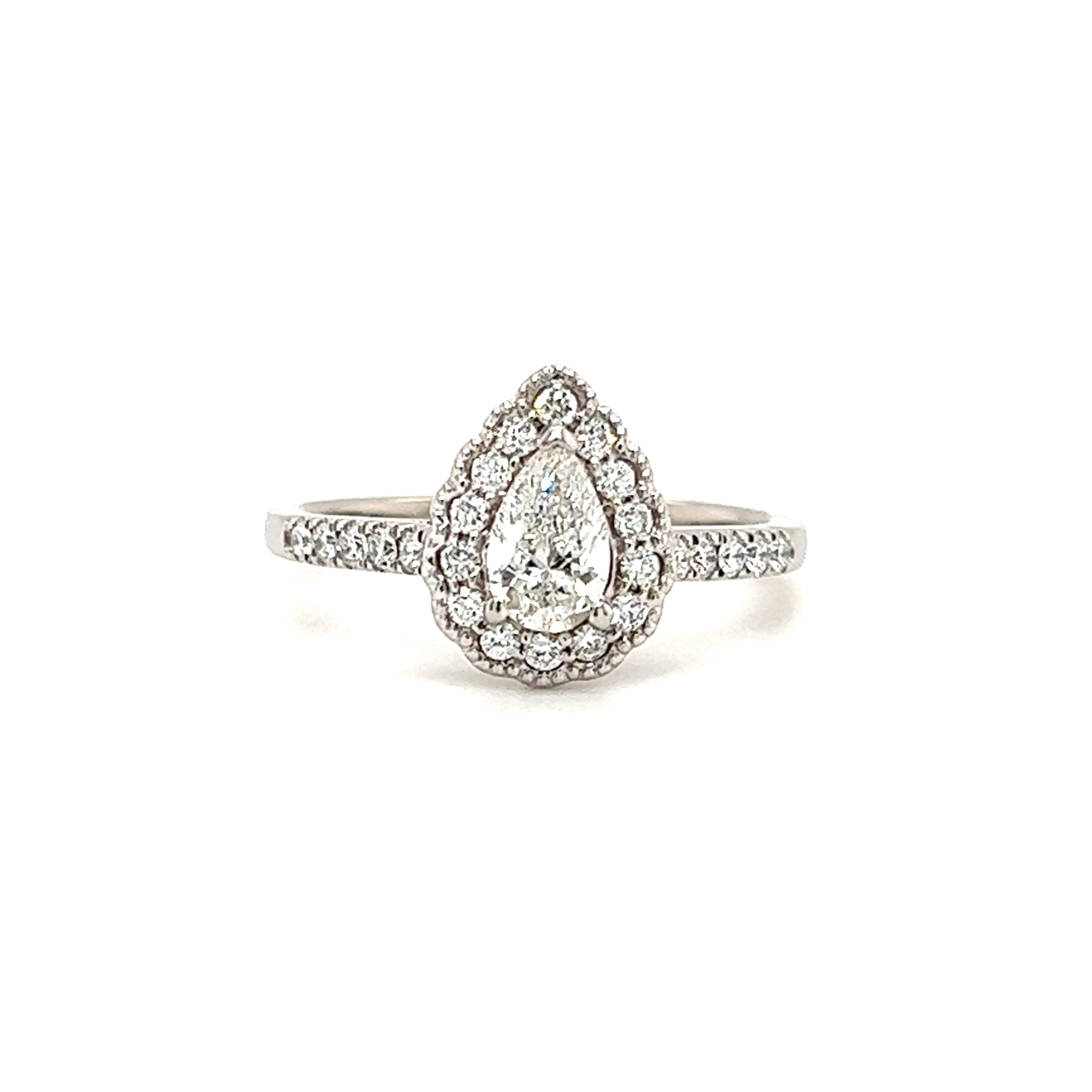 Pear Diamond Ring with Diamond Halo and Side Diamonds in 14K White Gold Front View
