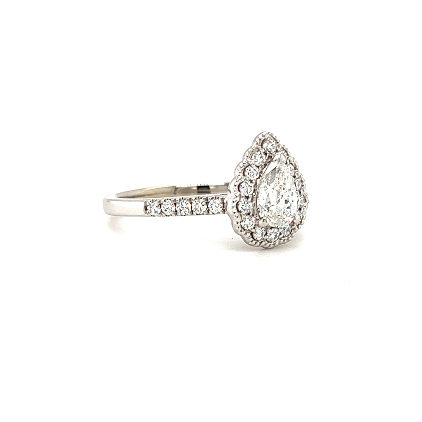 Pear Diamond Ring with Diamond Halo and Side Diamonds in 14K White Gold Left Side View