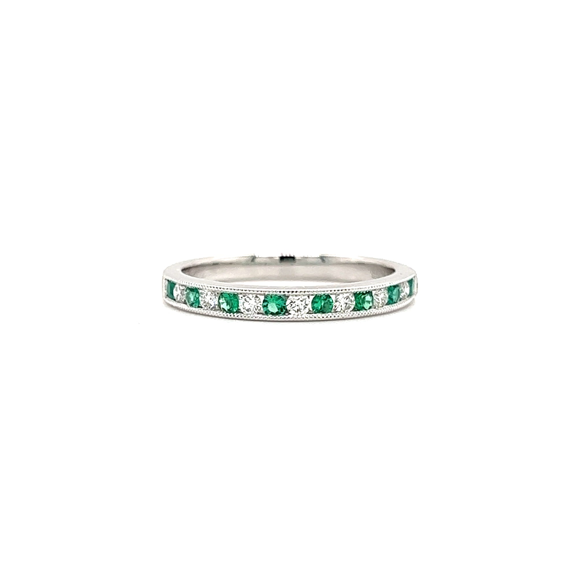 Emerald Ring with 0.14ctw of Emeralds and Side Diamonds in 18K White Gold Front View