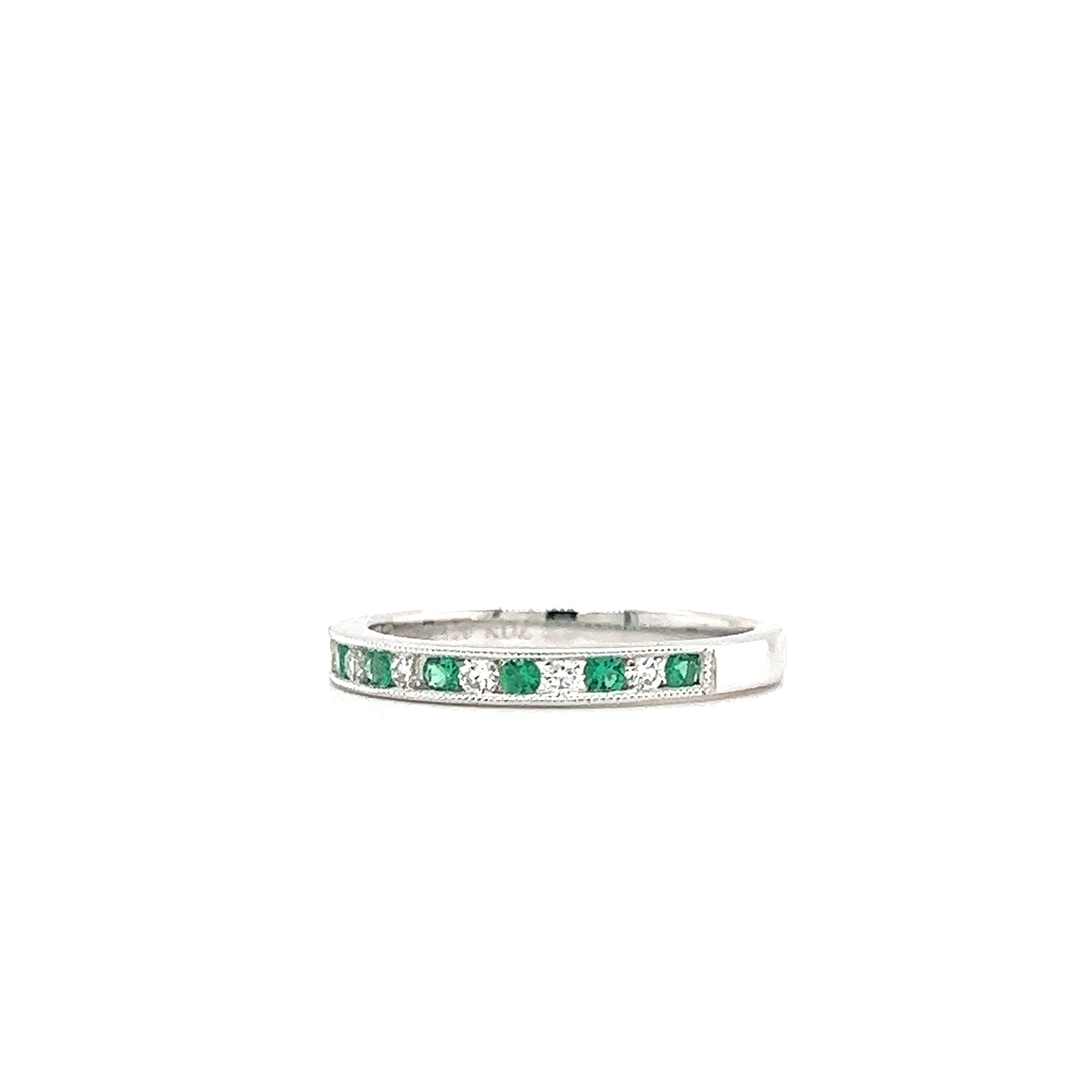 Emerald Ring with 0.14ctw of Emeralds and Side Diamonds in 18K White Gold Right Side View