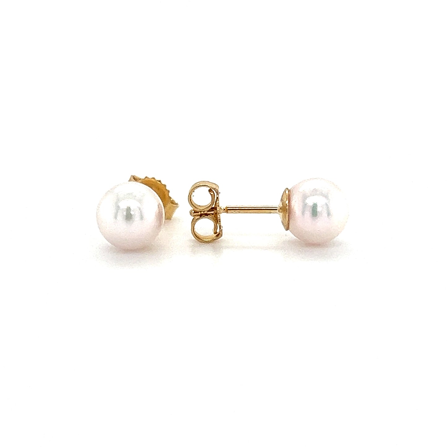 Pearl 6mm Stud Earrings in 14K Yellow Gold Front and Side View