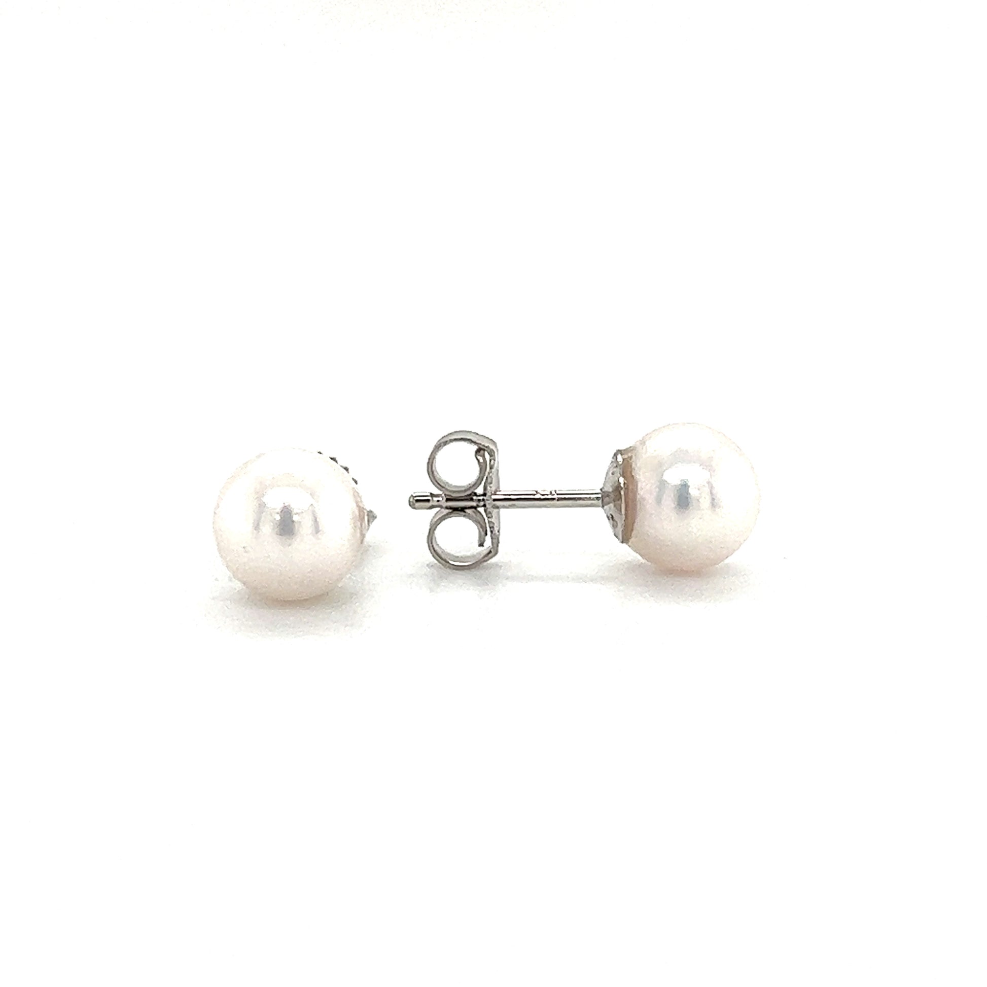 Pearl 6mm Stud Earrings in 14K White Gold Front and Side View