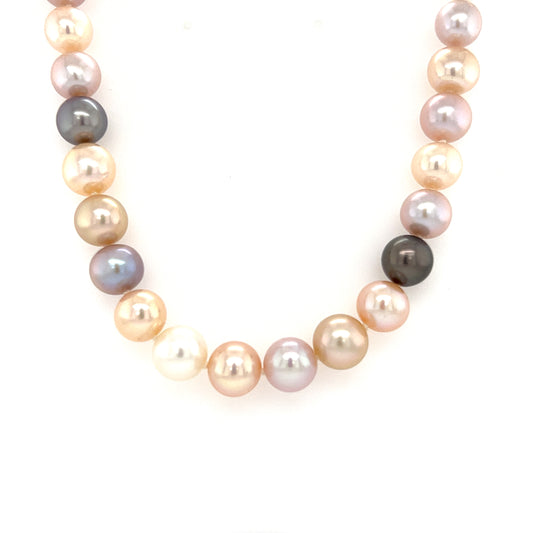 Multicolor Pearl Necklace with Forty-Seven 9.5mm Pearls and 14K White Gold Catch Front View