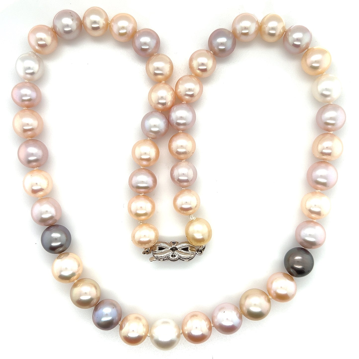 Multicolor Pearl Necklace with Forty-Seven 9.5mm Pearls and 14K White Gold Catch Top Heart View