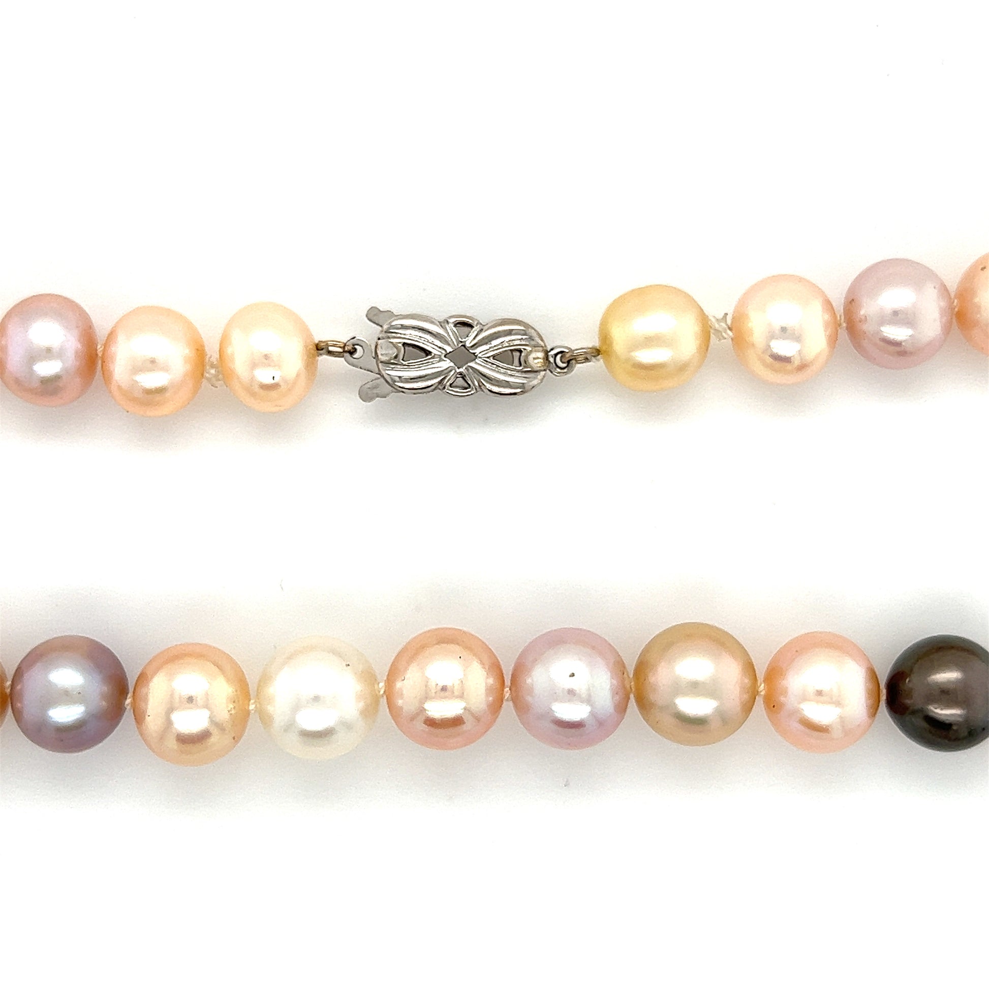 Multicolor Pearl Necklace with Forty-Seven 9.5mm Pearls and 14K White Gold Catch Pearls and Catch View