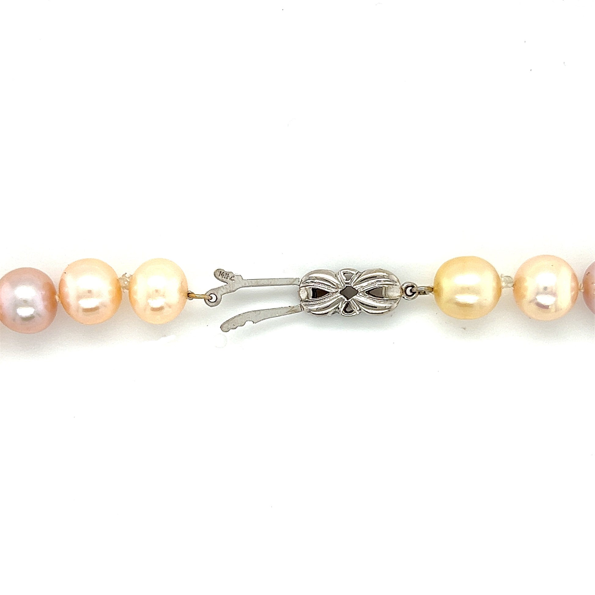 Multicolor Pearl Necklace with Forty-Seven 9.5mm Pearls and 14K White Gold Catch. Catch View