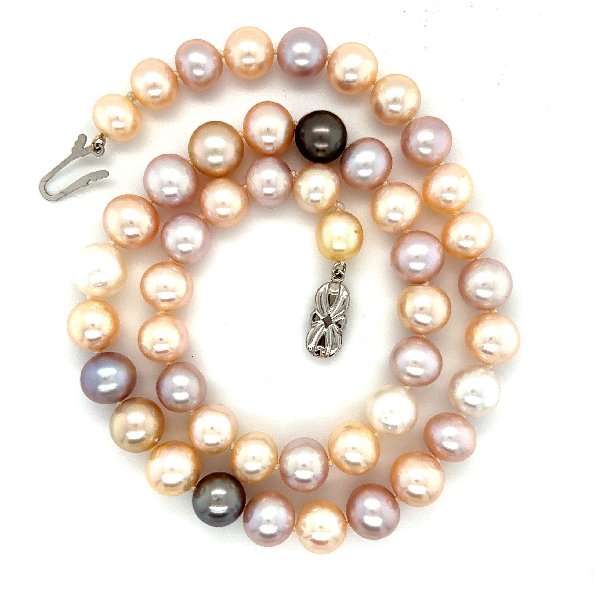 Multicolor Pearl Necklace with Forty-Seven 9.5mm Pearls and 14K White Gold Catch Full Necklace View