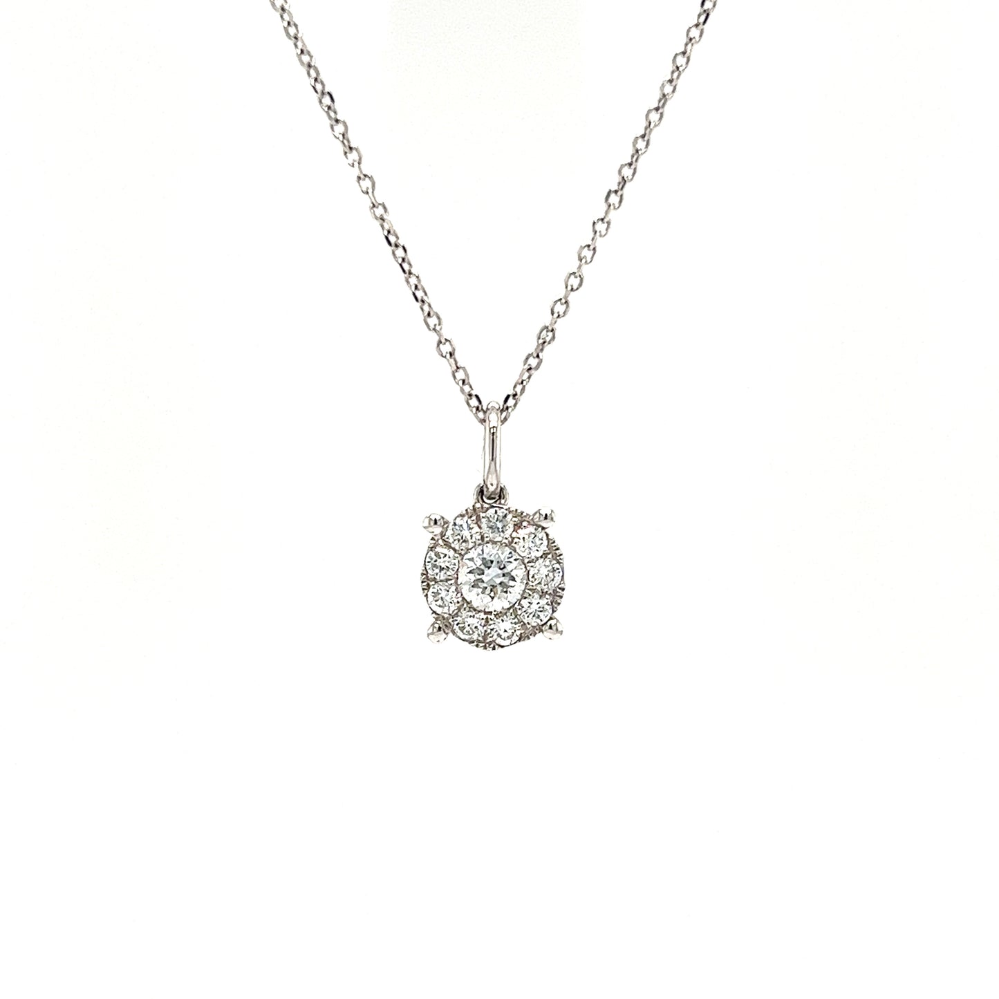 Diamond Pendant with Diamond Halo in 14K White Gold Pendant and Chain Front View