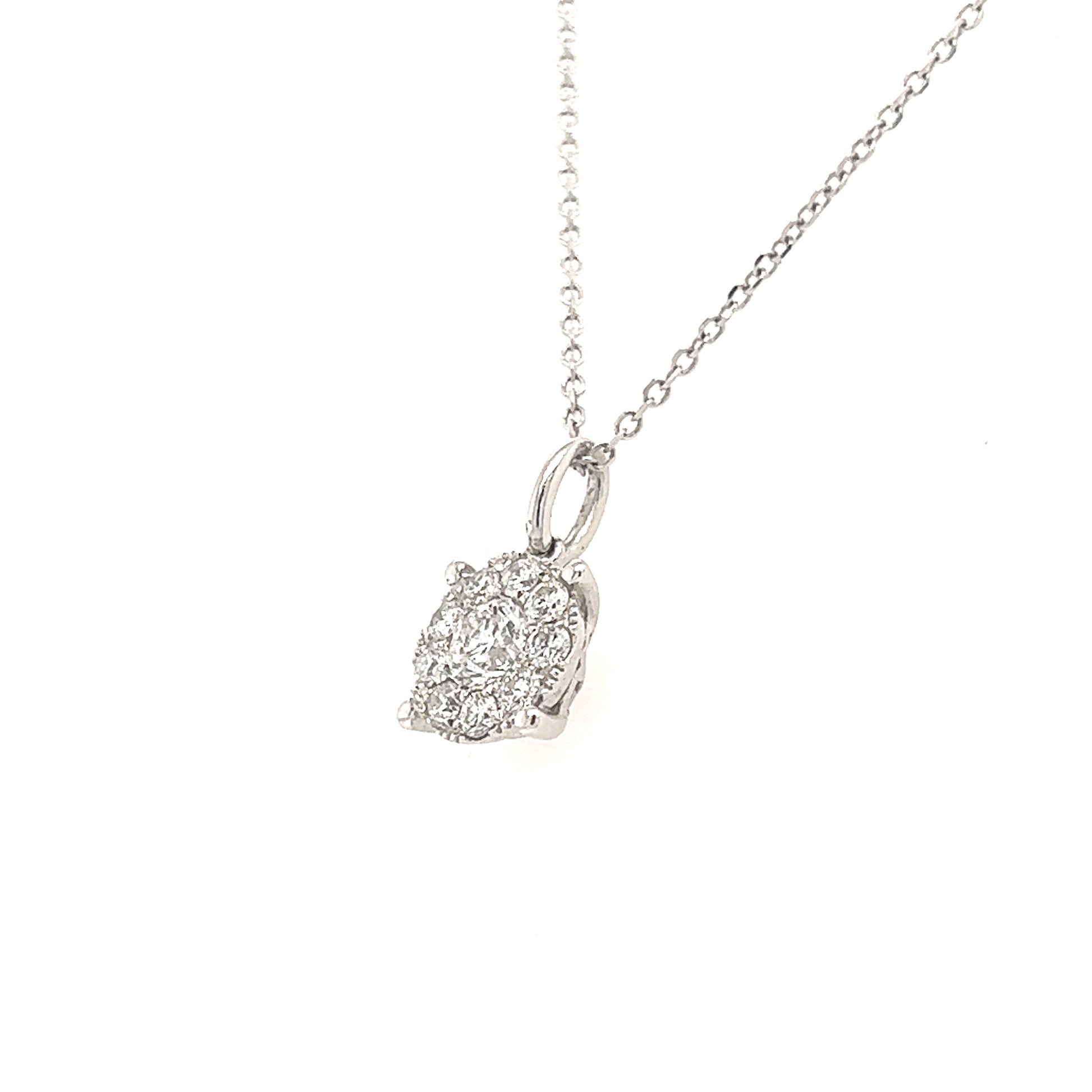 Diamond Pendant with Diamond Halo in 14K White Gold Pendant and Chain Left Side View
