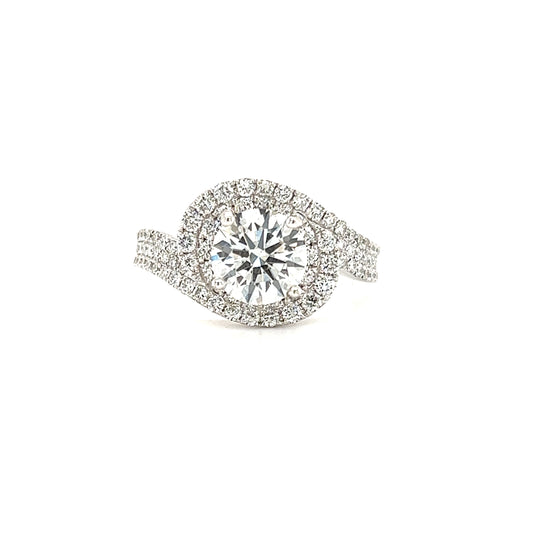 Bypass Diamond Ring with Double Diamond Halo and Side Diamonds in 18K White Gold Front View 