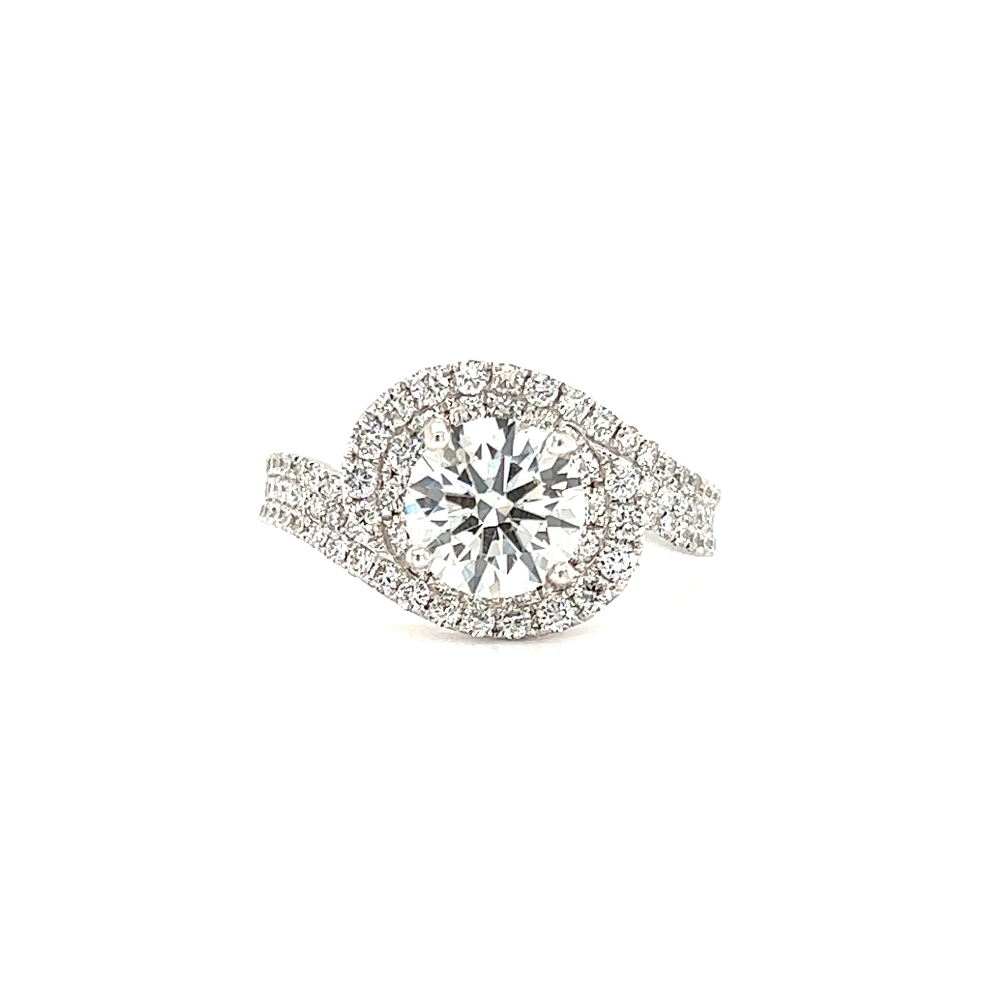 Bypass Diamond Ring with Double Diamond Halo and Side Diamonds in 18K White Gold Front View