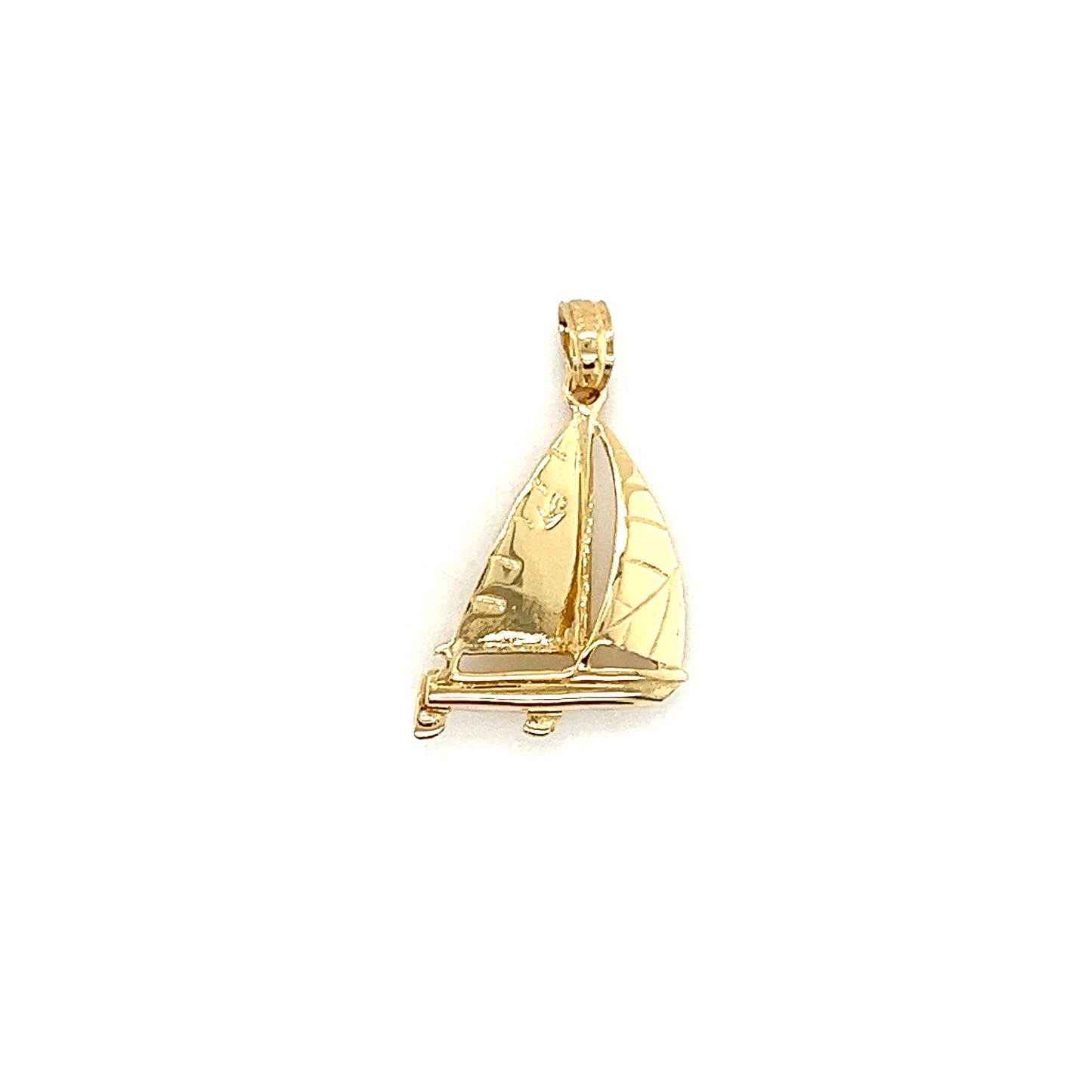 3D Sailboat Pendant with Detailed Sails in 14K Yellow Gold Front View