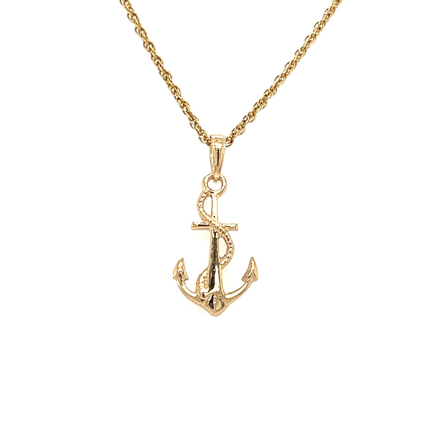 Anchor and Rope Pendant with 3D Details in 14K Yellow Gold Pendant and Chain Front View