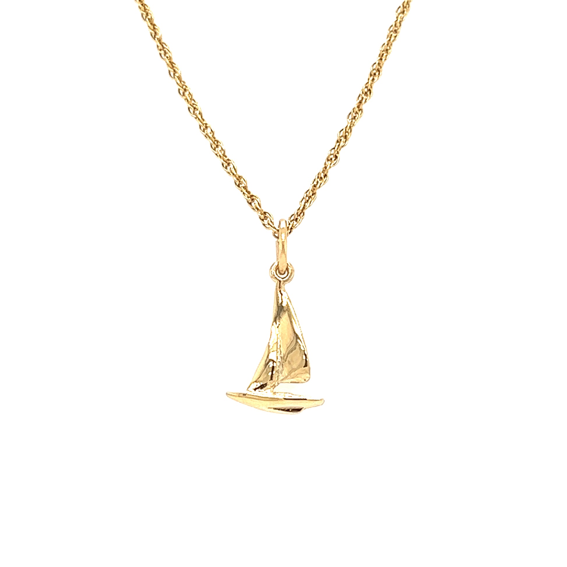Small Sailboat Charm in 10K Yellow Gold. Charm in a Chain Front View