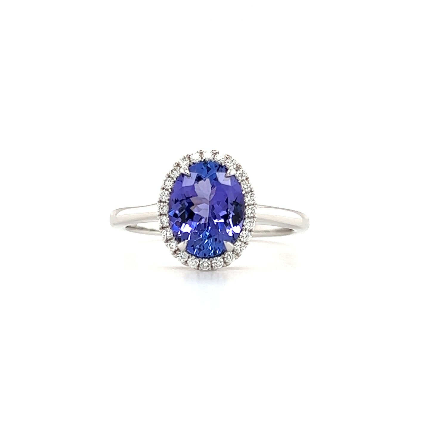 Oval Tanzanite Ring with 1.75ctw of Tanzanite and Diamond Halo in 14K White Gold Front View