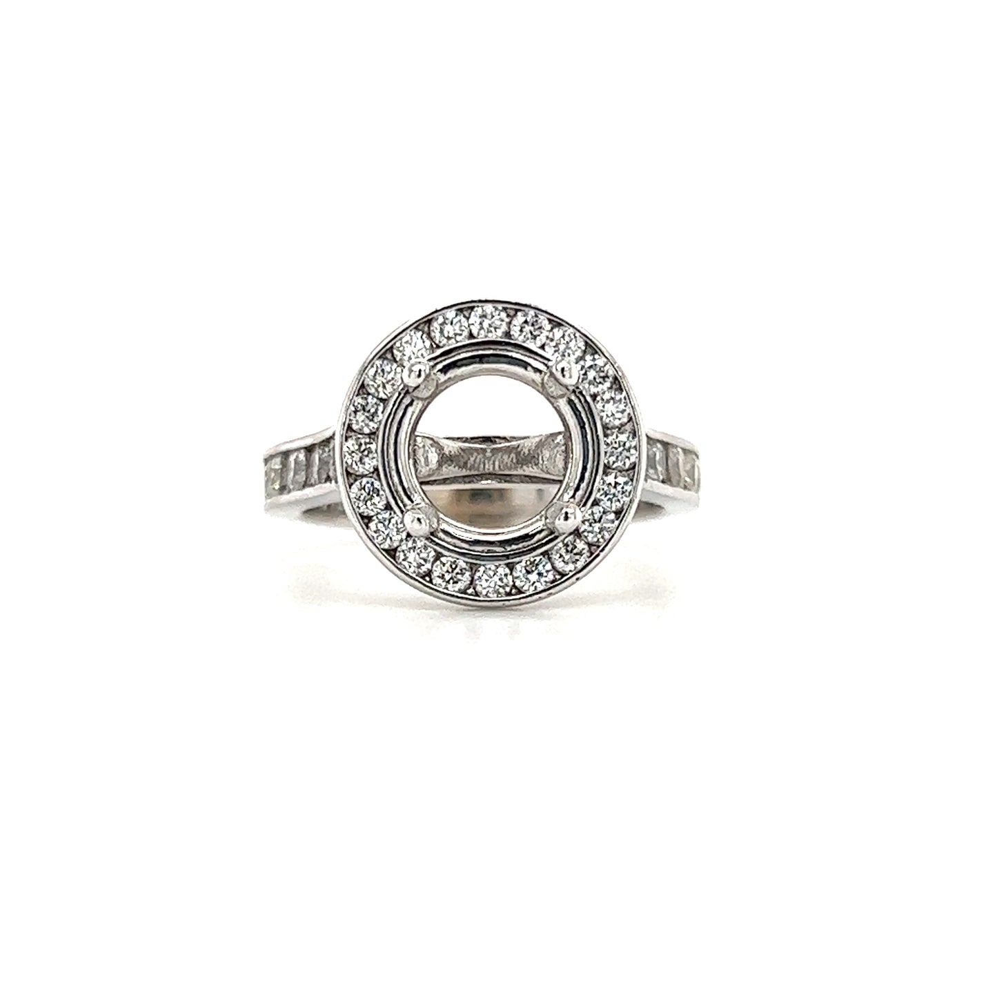 Diamond Ring Setting with Diamond Halo and Side Diamonds in 14K White Gold Front View