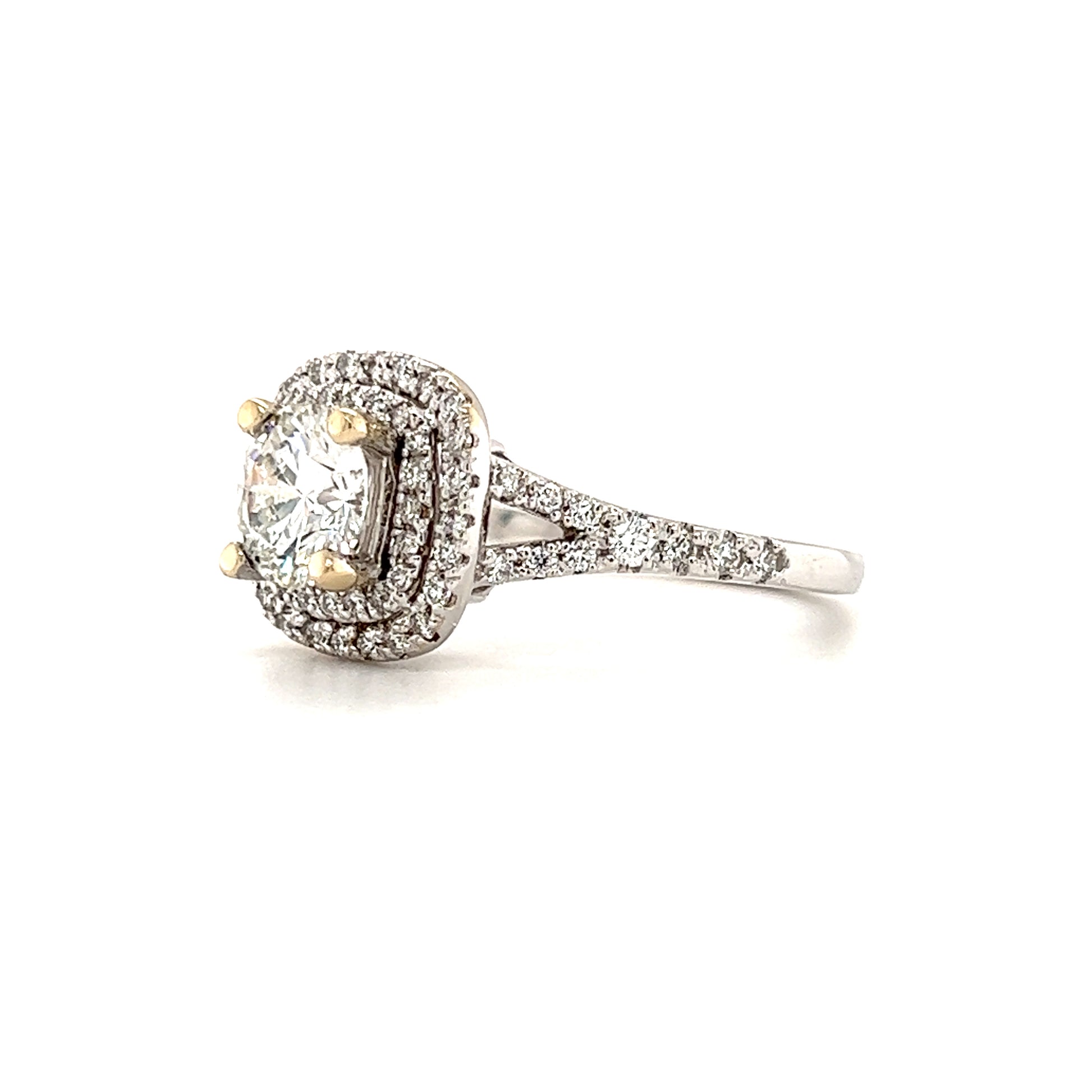 Round Diamond Ring with Double Diamond Halo in 18K White Gold Right Side View