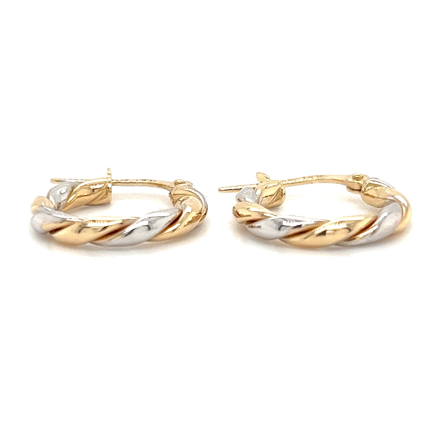Twisted Hoop Earrings 15mm in 14K White and Yellow Gold Front Flat View