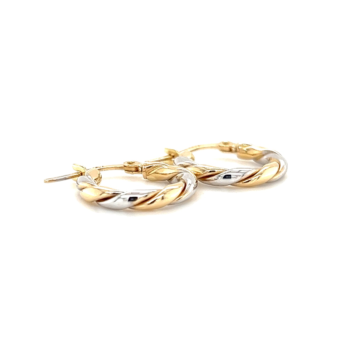 Twisted Hoop Earrings 15mm in 14K White and Yellow Gold Front Left Side View