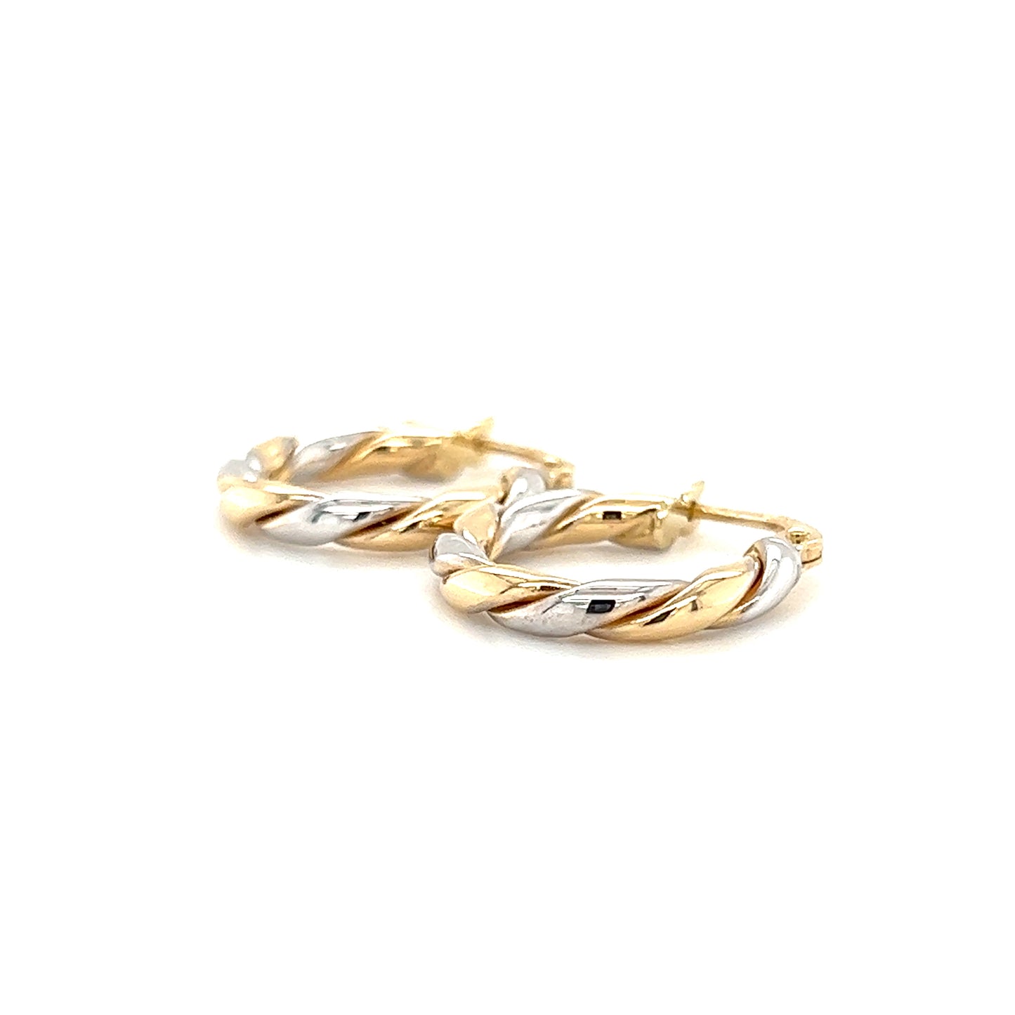 Twisted Hoop Earrings 15mm in 14K White and Yellow Gold Front Right Side View