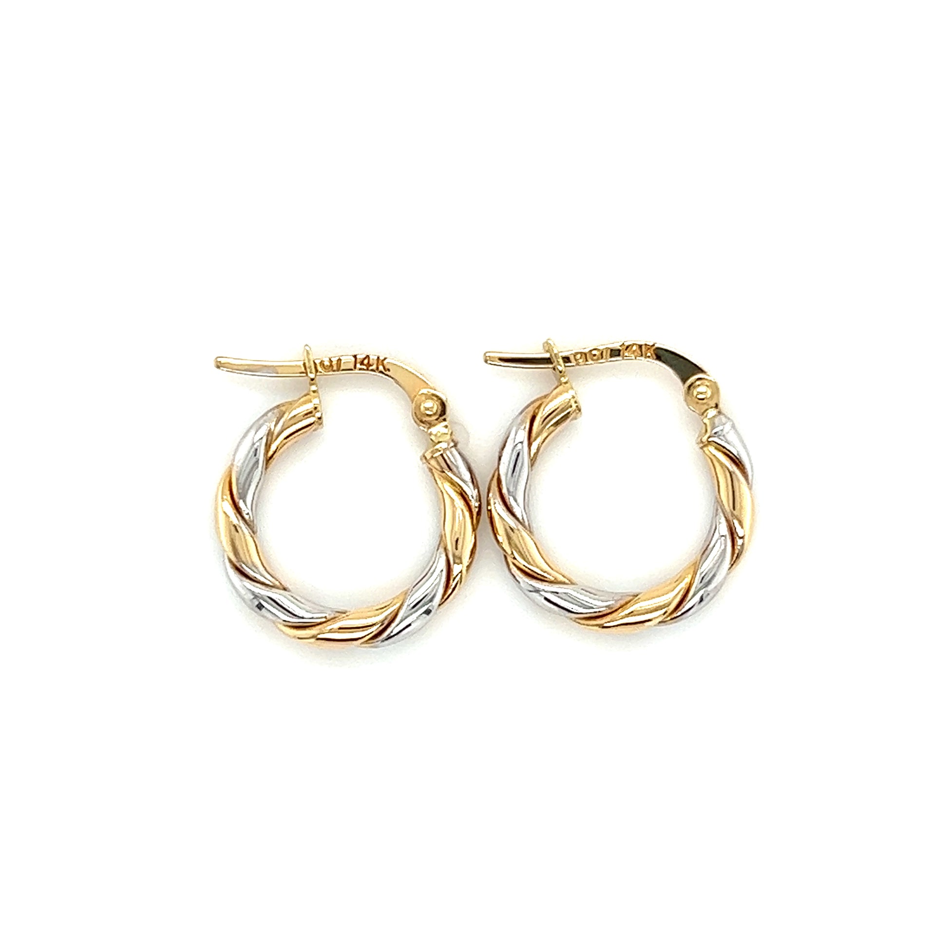 Twisted Hoop Earrings 15mm in 14K White and Yellow Gold Top View