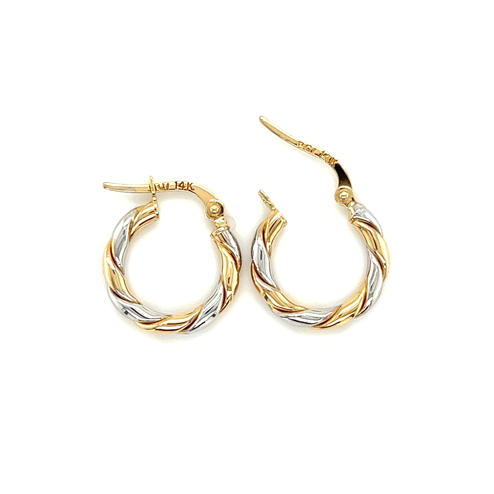 Twisted Hoop Earrings 15mm in 14K White and Yellow Gold Top View with Open Clasp