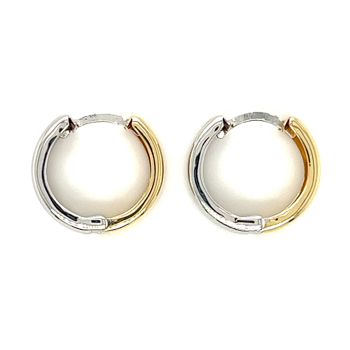 Reversible Hoop Earrings 4.7mm in 14K White and Yellow Gold Side view showing yellow and white.