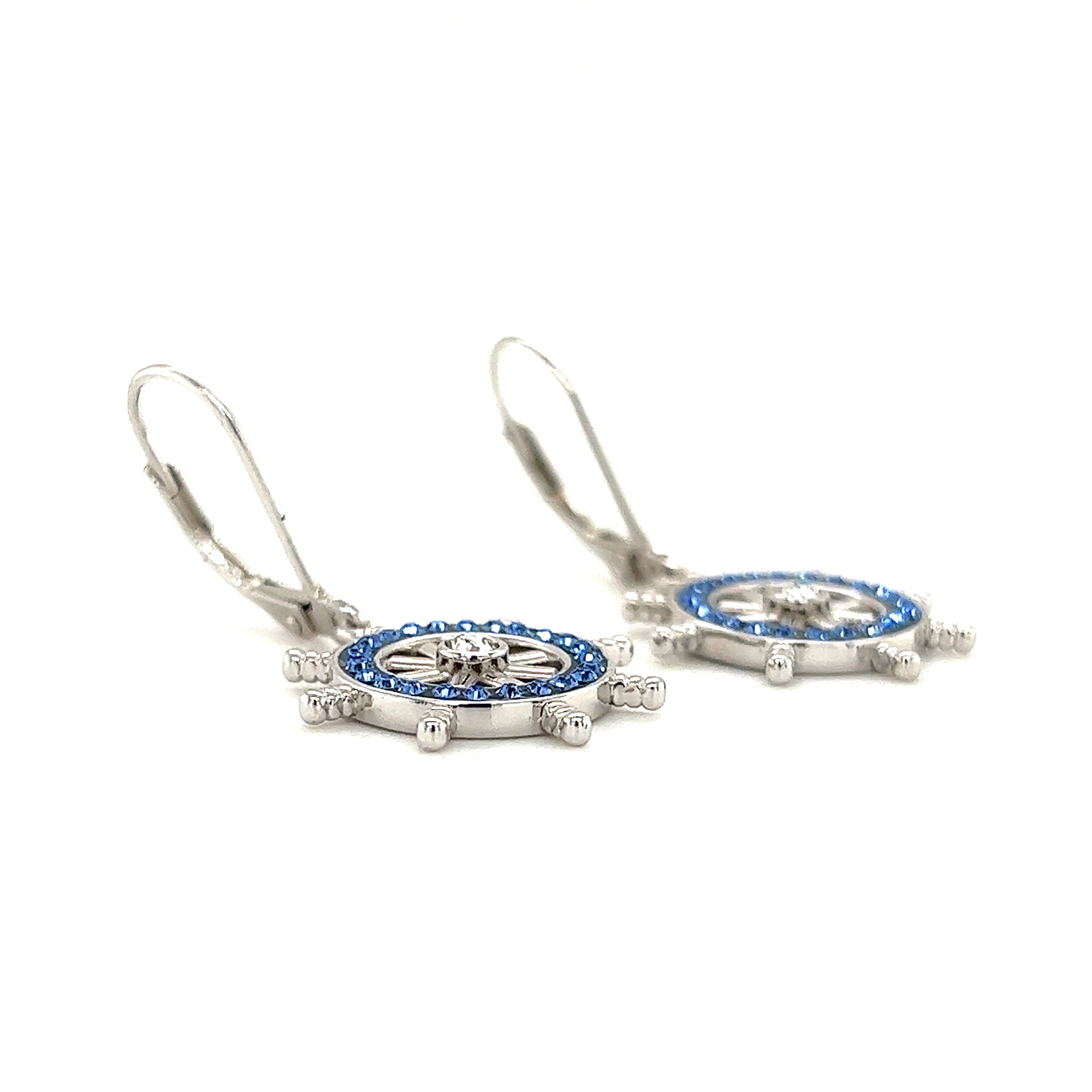Ship's Wheel Dangle Earrings with Crystals in Sterling Silver Left Side View
