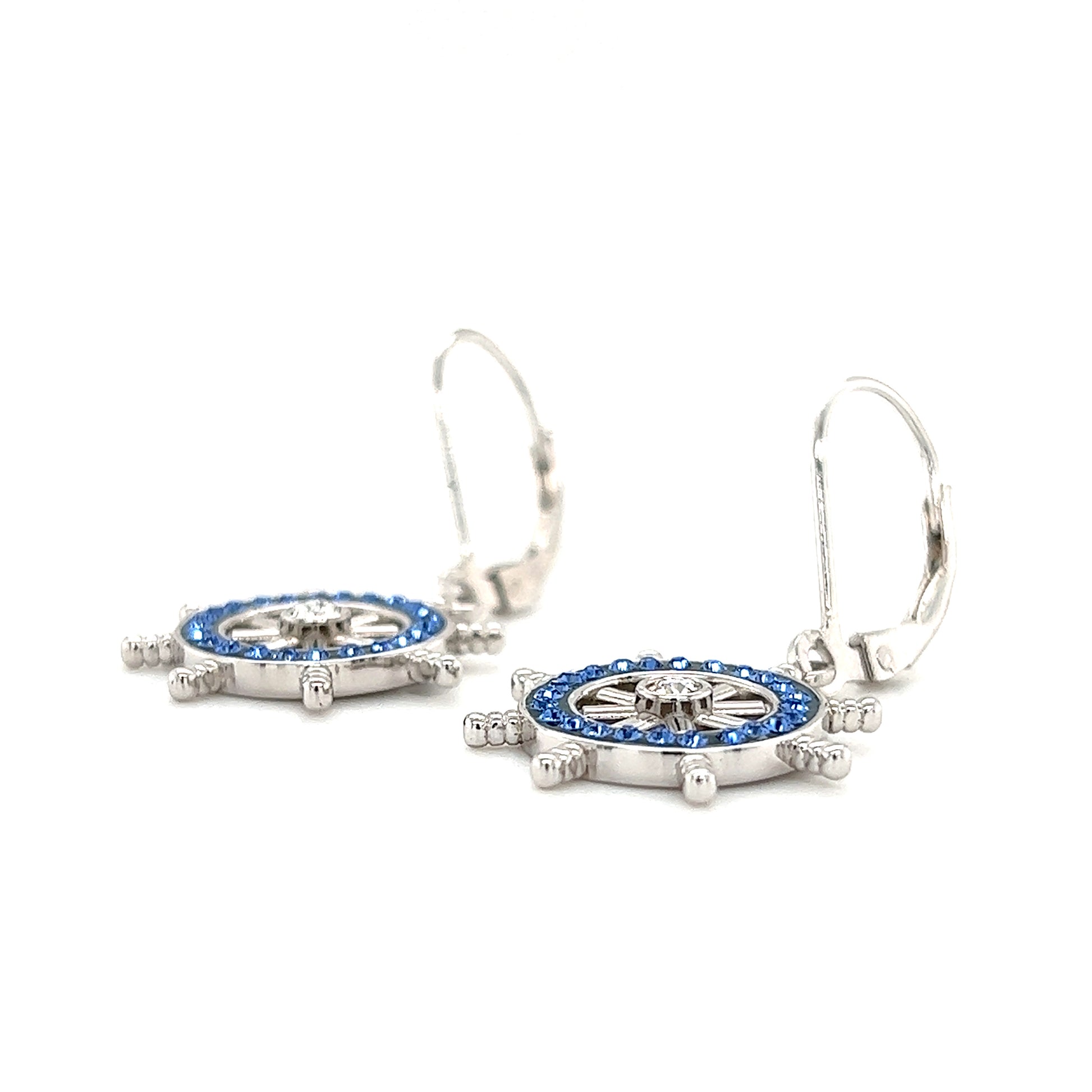 Ship's Wheel Dangle Earrings with Crystals in Sterling Silver Right Side View