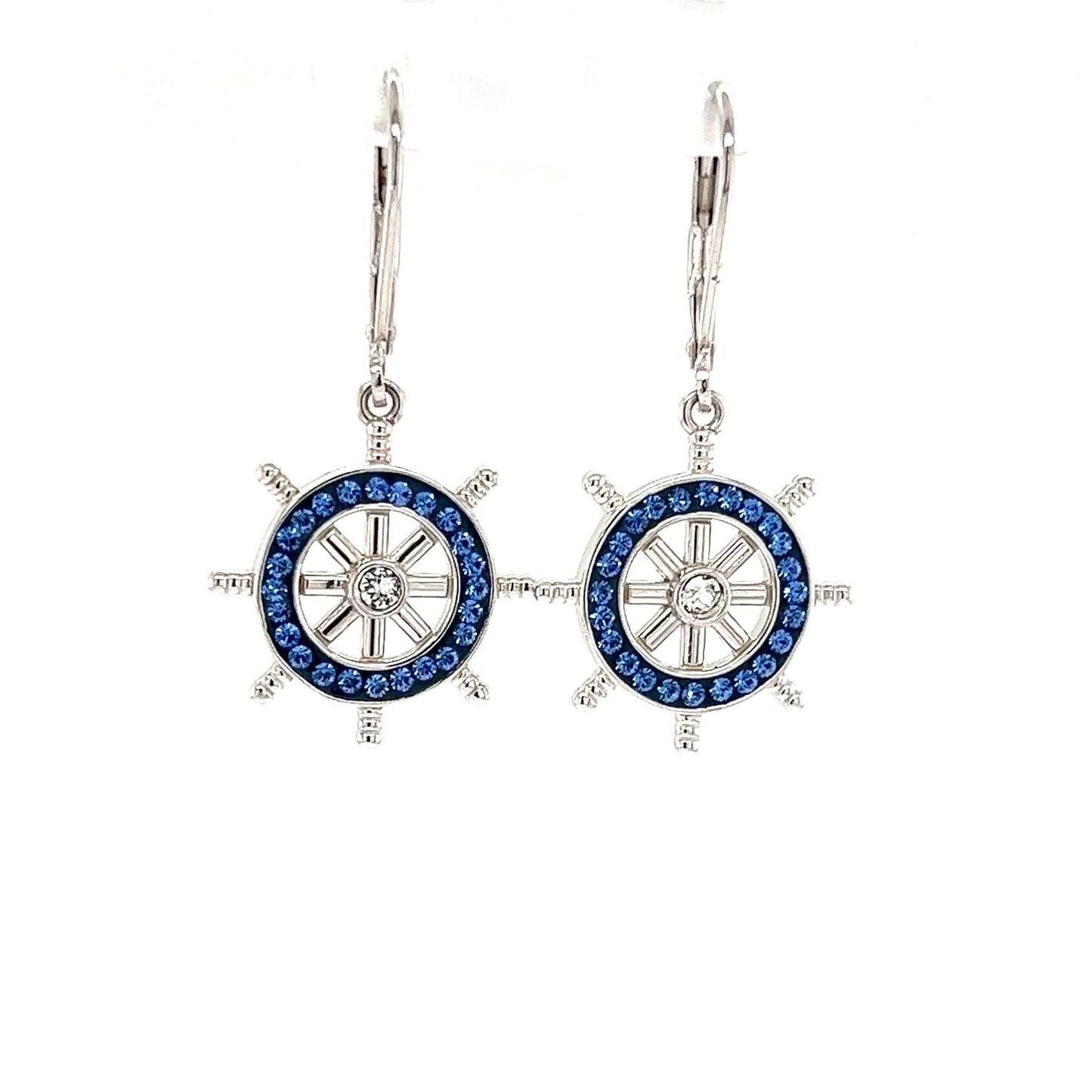 Ship's Wheel Dangle Earrings with Crystals in Sterling Silver Front View