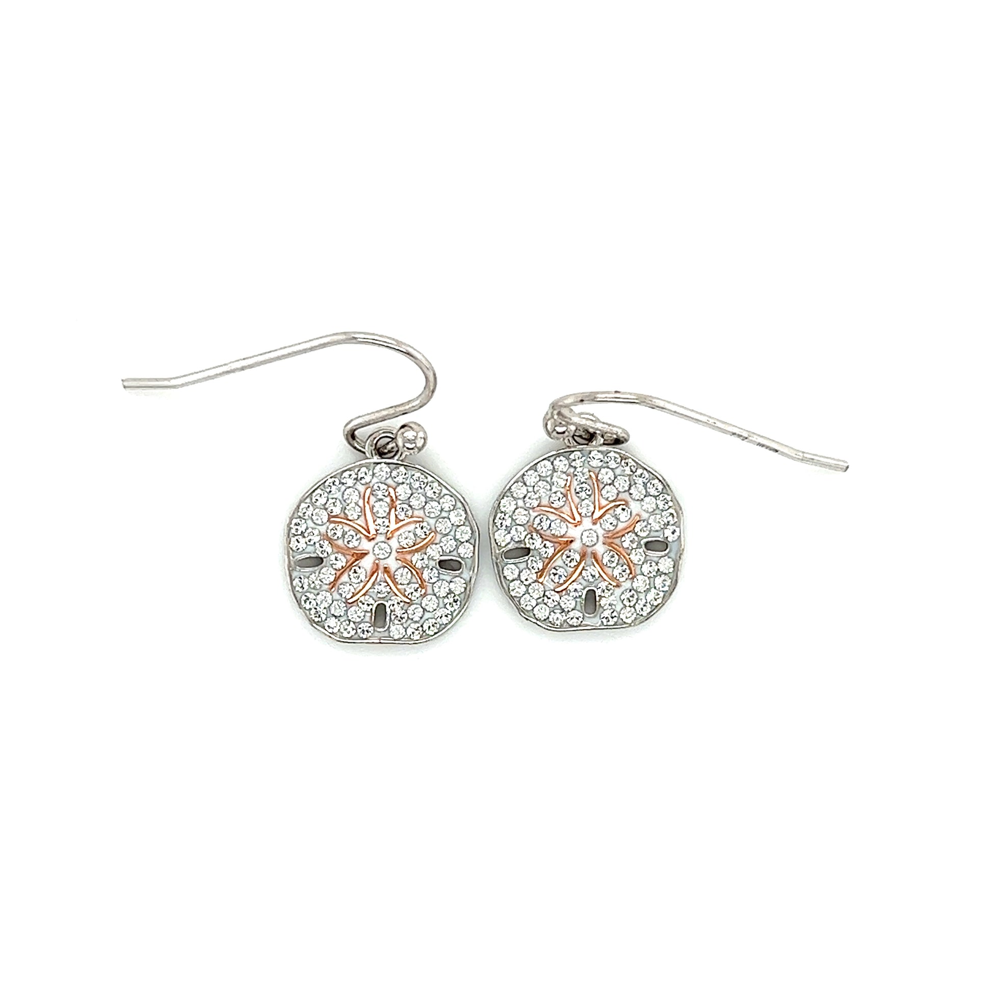 Sand Dollar Dangle Earrings with White Crystals in Sterling Silver Top View