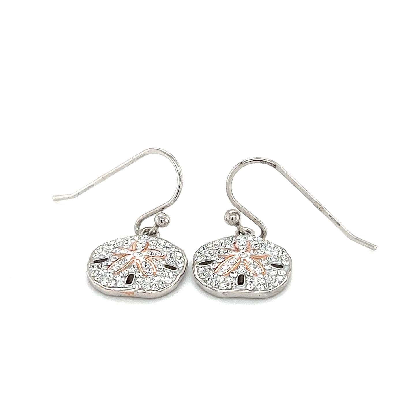 Sand Dollar Dangle Earrings with White Crystals in Sterling Silver Front Flat View
