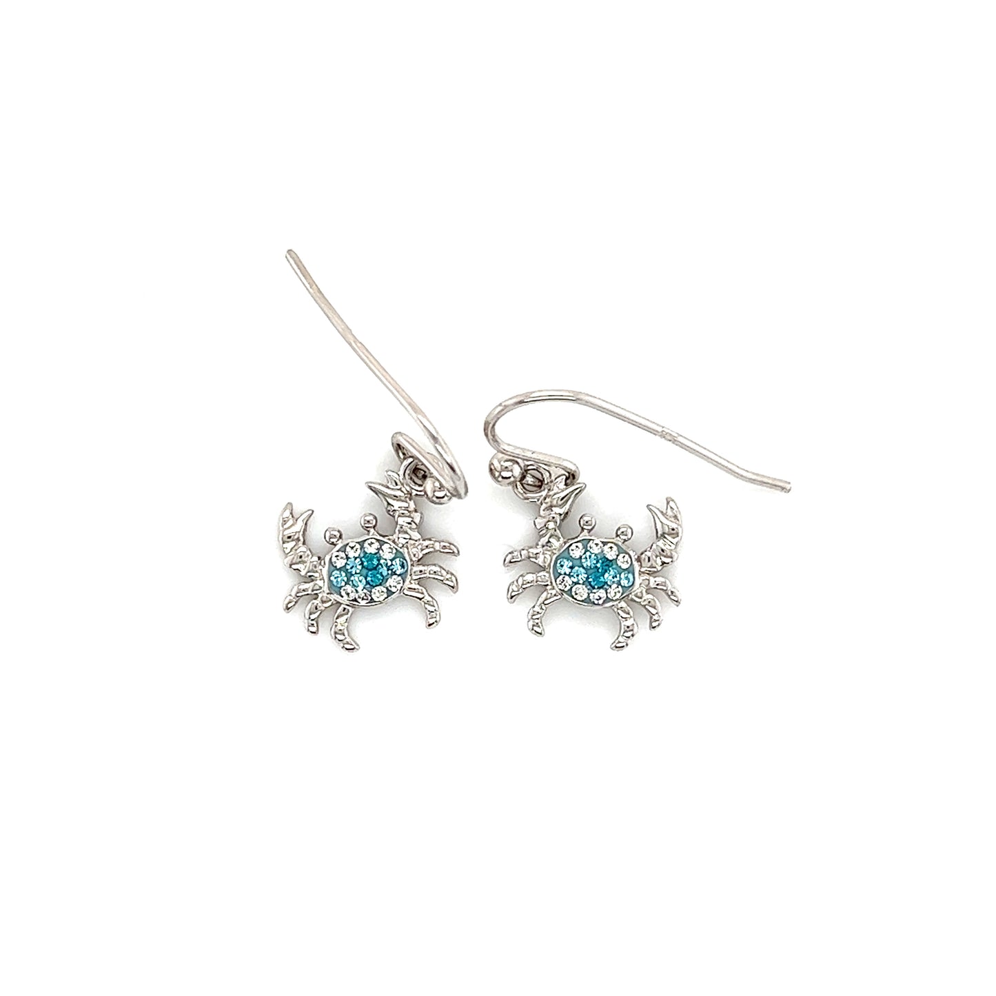 Blue Crab Dangle Earrings with Aqua and White Crystals in Sterling Silver Top View