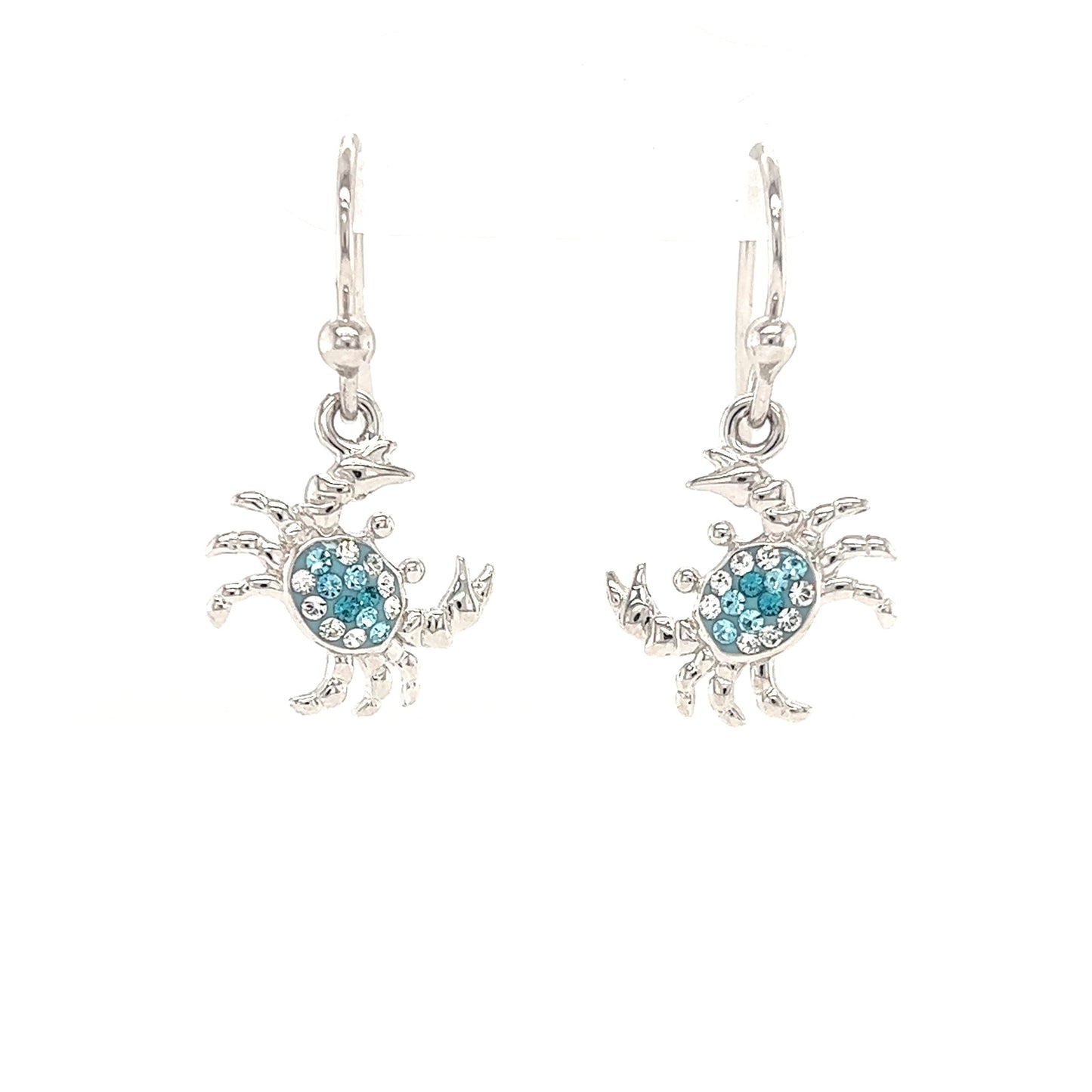Blue Crab Dangle Earrings with Aqua and White Crystals in Sterling Silver Front View