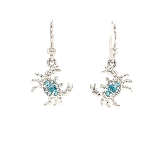 Blue Crab Dangle Earrings with Aqua and White Crystals in Sterling Silver Front View